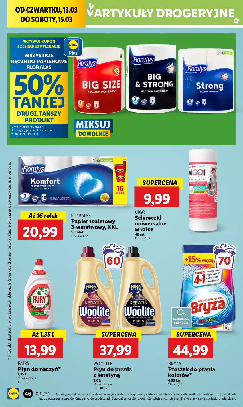 Gazetka promocyjna Lidl - GAZETKA - ważna 13.03 do 15.03.2025 - strona 54 - produkty: Bryza, Fa, Fairy, Flora, Papier, Papier toaletowy, Płyn do prania, Proszek do prania, Ręcznik, Ręczniki papierowe, Woolite