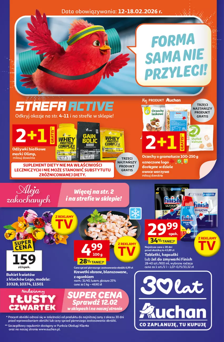 Gazetka promocyjna Auchan - Gazetka 30 Lat Hipermarket Auchan - ważna 12.02 do 18.02.2026 - strona 1 - produkty: Bukiet, Finish, Gra, Krewetki, Lack, LEGO, Owoce, Rama, Suplement diety, Tablet, Warzywa, Zmywarki, Znicz