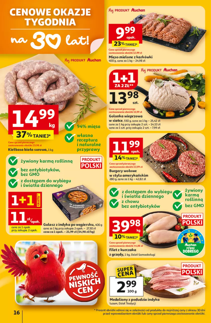 Gazetka promocyjna Auchan - Gazetka 30 Lat Hipermarket Auchan - ważna 12.02 do 18.02.2026 - strona 16 - produkty: Burger, Golonka wieprzowa, Kiełbasa, Kiełbasa biała, Kurczak, Lion, Przyprawy