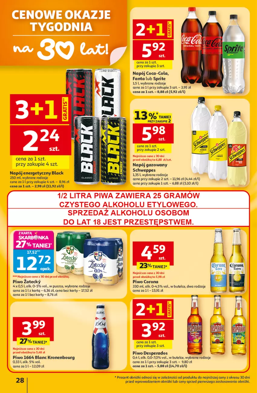 Gazetka promocyjna Auchan - Gazetka 30 Lat Hipermarket Auchan - ważna 12.02 do 18.02.2026 - strona 28 - produkty: Coca-Cola, Desperados, Fa, Fanta, Gra, Lack, Napój, Napój energetyczny, Napój gazowany, Piwa, Piwo, Schweppes, Sprite
