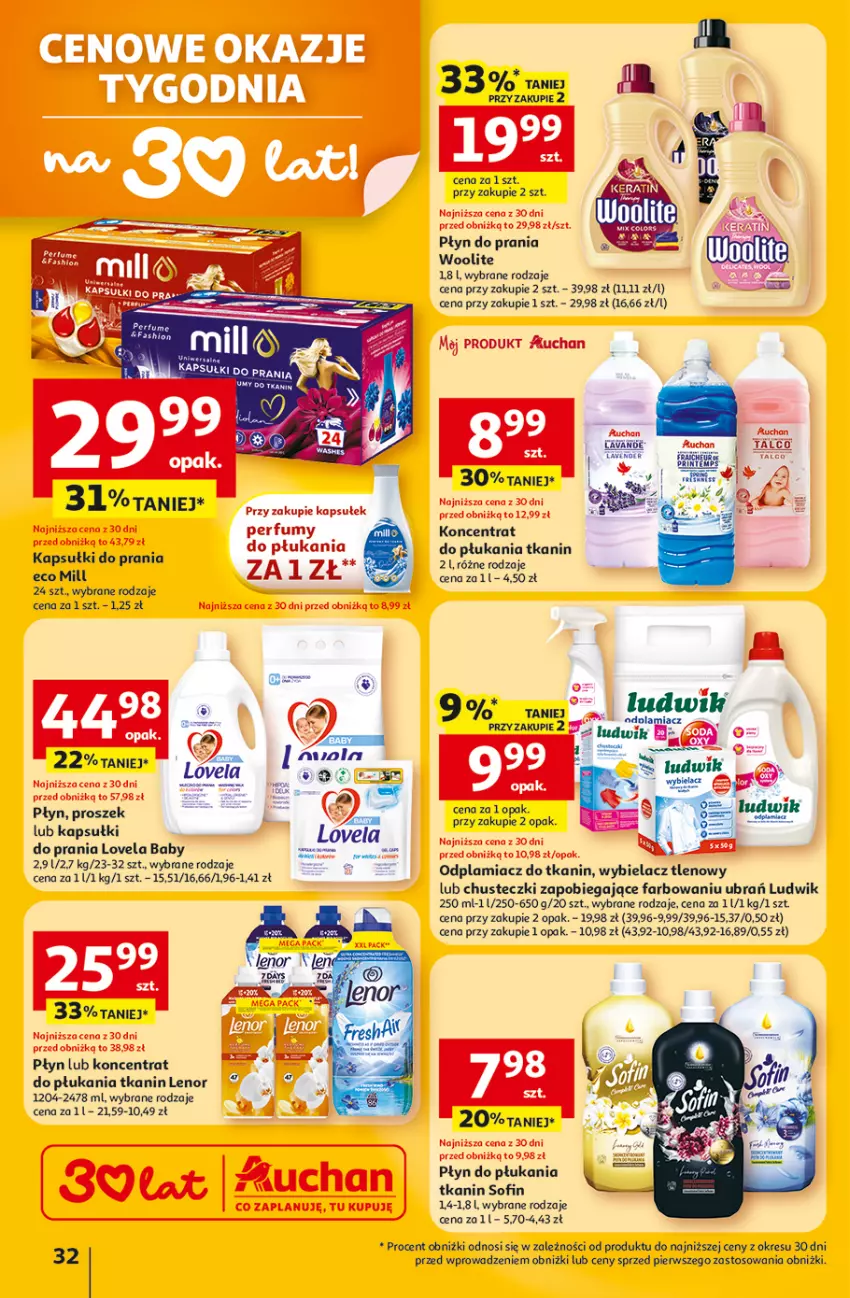 Gazetka promocyjna Auchan - Gazetka 30 Lat Hipermarket Auchan - ważna 12.02 do 18.02.2026 - strona 32 - produkty: Chusteczki, Fa, Kapsułki do prania, Lenor, Lovela, Ludwik, Odplamiacz, Perfum, Płyn do płukania, Płyn do prania, Woolite