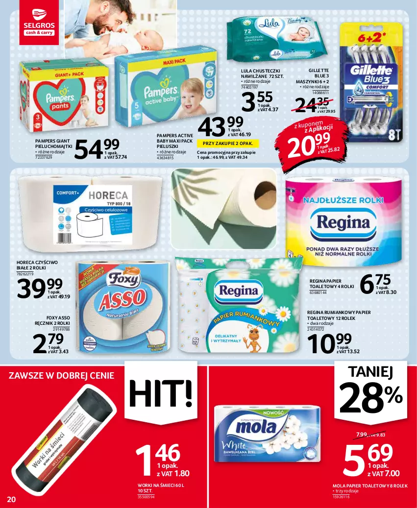 Gazetka promocyjna Selgros - Oferta spożywcza - ważna 27.12.2021 do 05.01.2022 - strona 20 - produkty: Chusteczki, Foxy, Gillette, Gin, Majtki, Mola, Pampers, Papier, Papier toaletowy, Pieluchomajtki, Ręcznik, Rolki, Rum, Worki na śmiec, Worki na śmieci