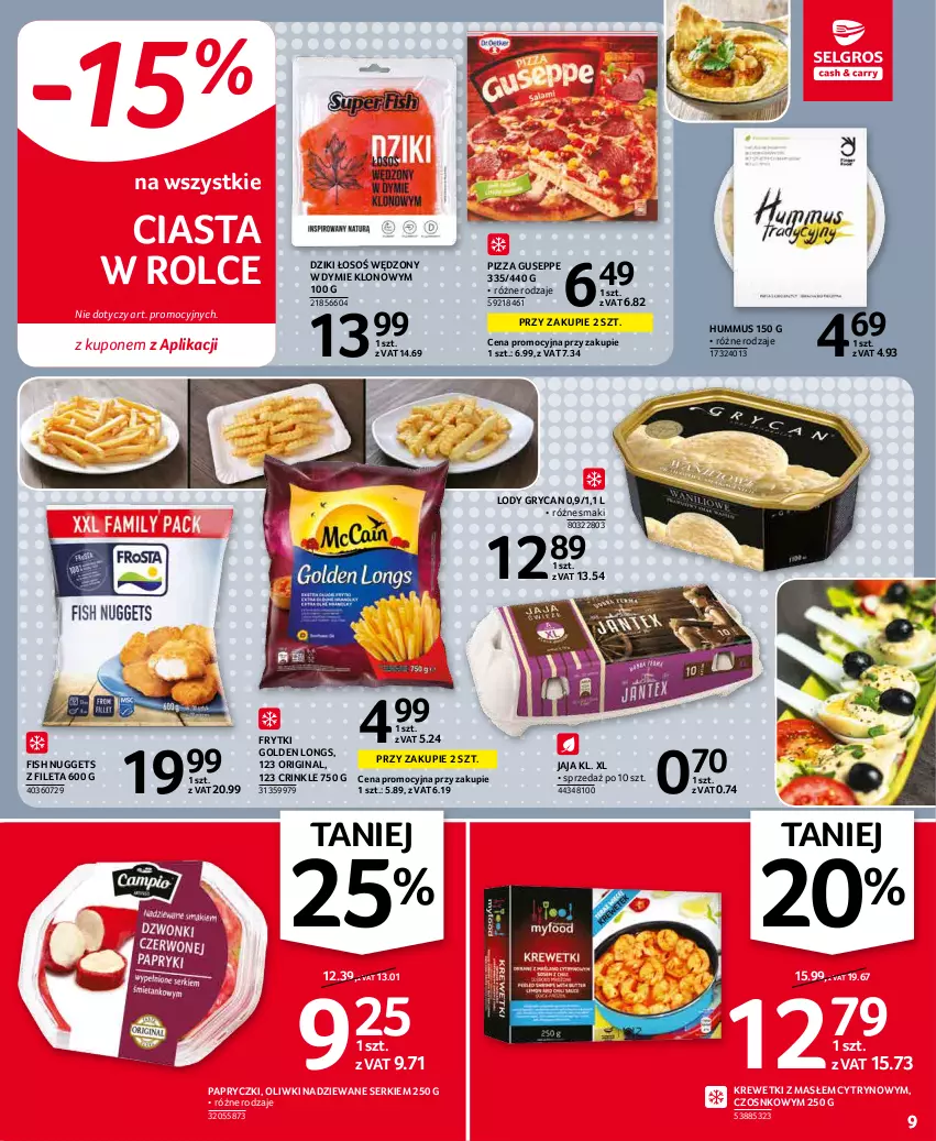 Gazetka promocyjna Selgros - Oferta spożywcza - ważna 27.12.2021 do 05.01.2022 - strona 9 - produkty: Frytki, Gin, Gry, Hummus, Jaja, Krewetki, Lody, Mus, Oliwki, Pizza, Ser