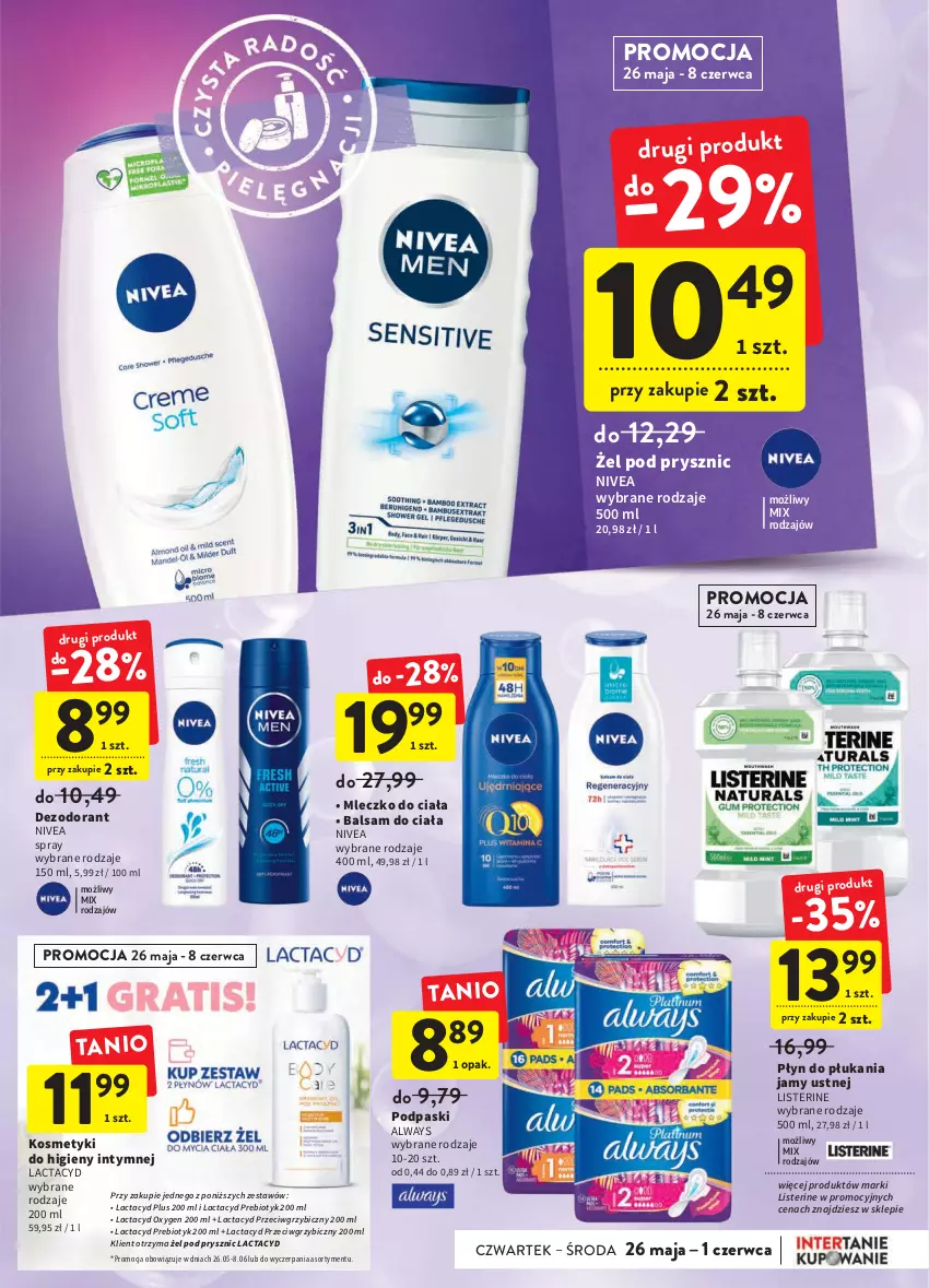 Gazetka promocyjna Intermarche - Dzien matki - ważna 25.05 do 01.06.2022 - strona 37 - produkty: Always, Balsam do ciała, BIC, Dezodorant, Lactacyd, Listerine, Mleczko, Mleczko do ciała, Nivea, Płyn do płukania, Płyn do płukania jamy ustnej, Podpaski