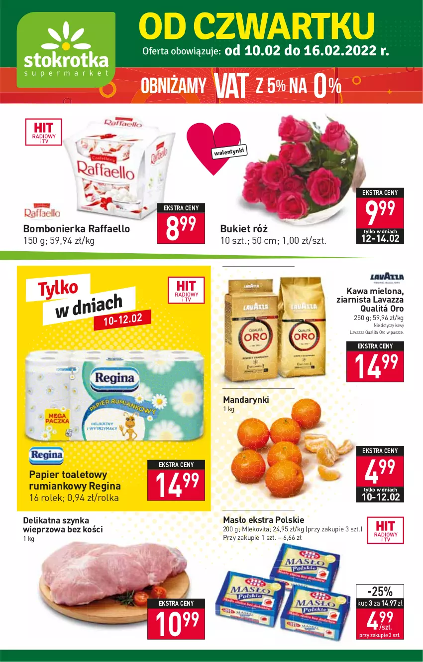 Gazetka promocyjna Stokrotka - Supermarket - ważna 10.02 do 16.02.2022 - strona 1 - produkty: Bukiet, Fa, Gin, Kawa, Kawa mielona, Lavazza, Mandarynki, Masło, Mleko, Mlekovita, Papier, Papier toaletowy, Raffaello, Rum, Szynka, Szynka wieprzowa