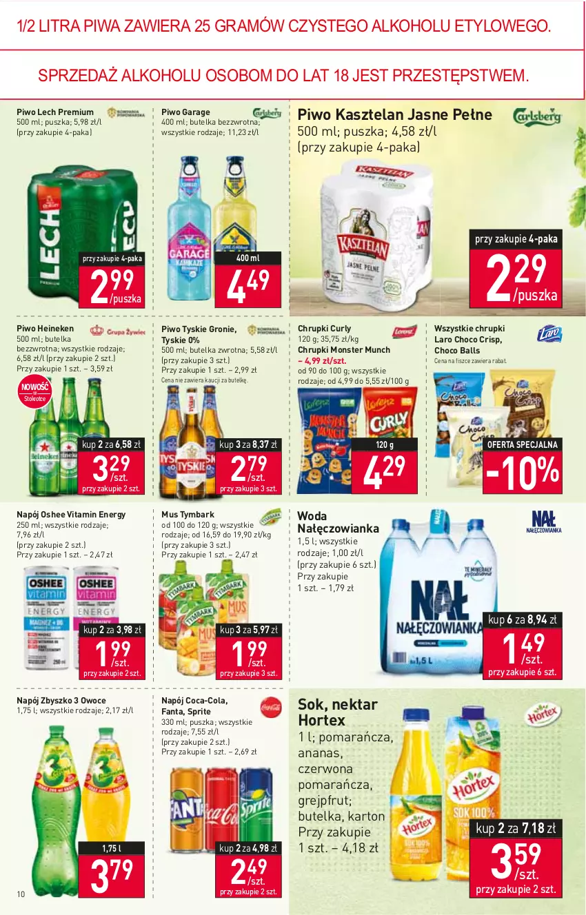 Gazetka promocyjna Stokrotka - Supermarket - ważna 10.02 do 16.02.2022 - strona 10 - produkty: Ananas, Chrupki, Coca-Cola, Fa, Fanta, Gra, Grejpfrut, Heineken, Hortex, Kasztelan, Lech Premium, Monster Munch, Mus, Nałęczowianka, Napój, Nektar, Oshee, Owoce, Piwa, Piwo, Sok, Sprite, Tymbark, Tyskie, Woda