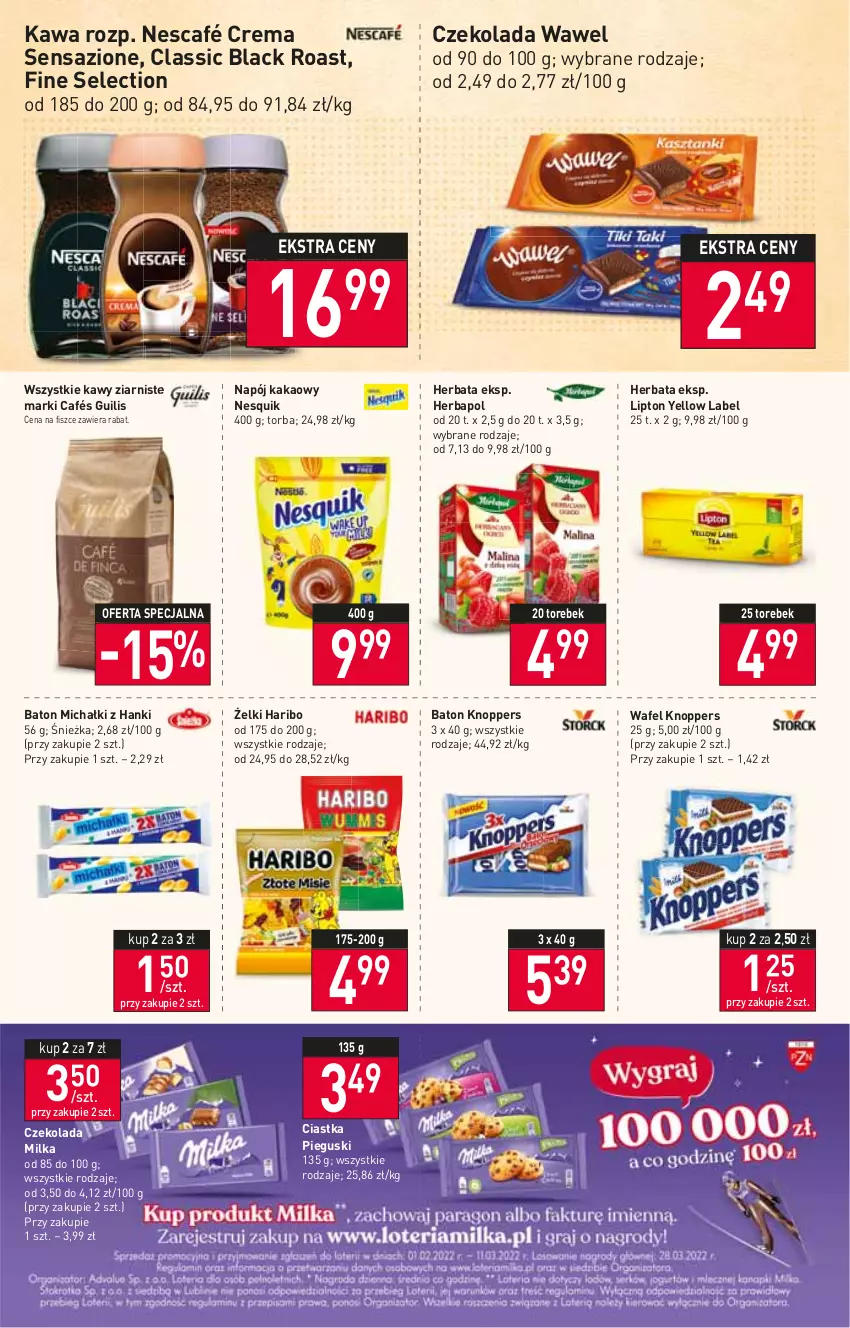 Gazetka promocyjna Stokrotka - Supermarket - ważna 10.02 do 16.02.2022 - strona 6 - produkty: Baton, Ciastka, Czekolada, Haribo, Herbapol, Herbata, Kakao, Kawa, Knoppers, Lack, Lipton, Michałki, Milka, Napój, Nescafé, Nesquik, Torba, Wawel