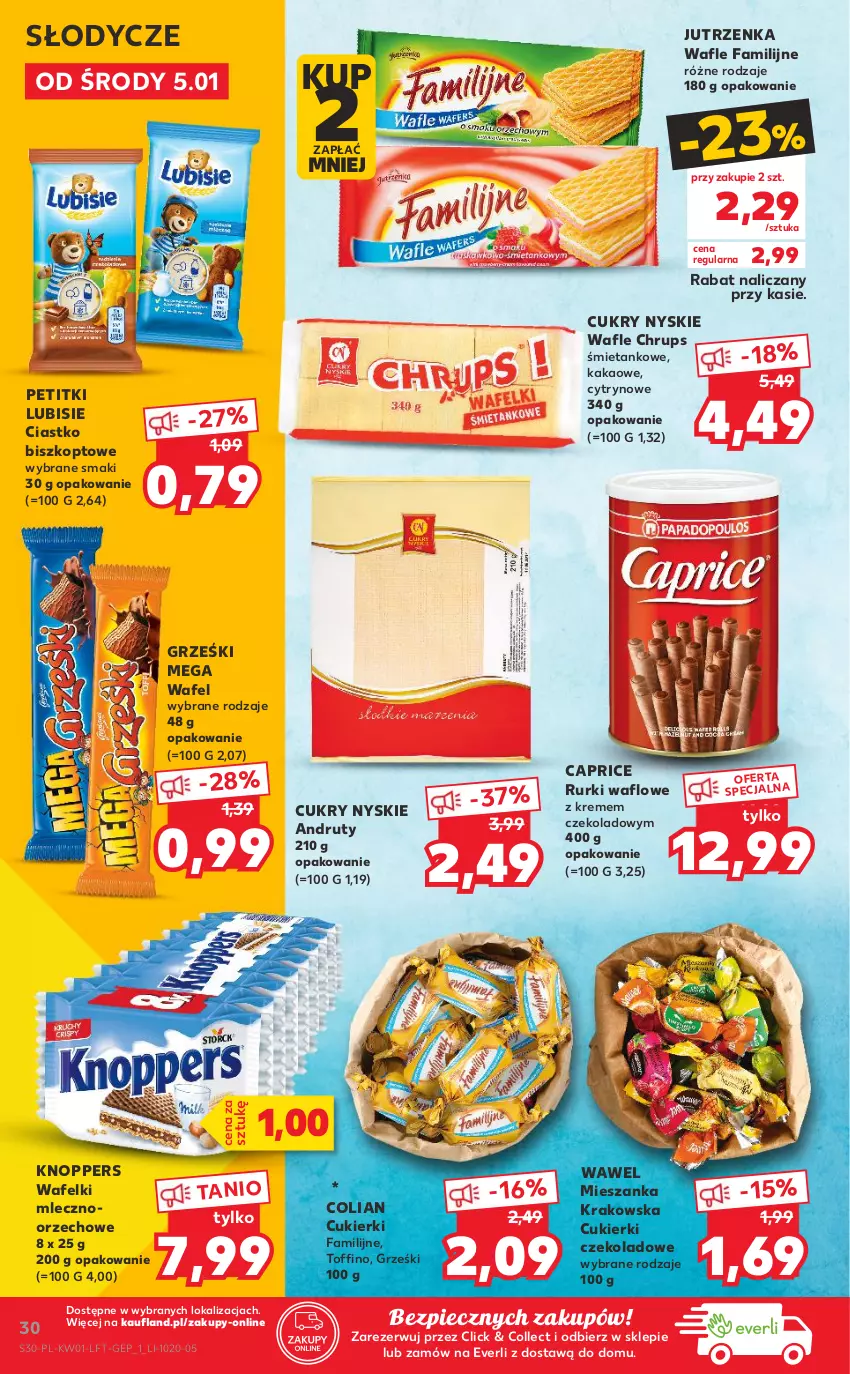 Gazetka promocyjna Kaufland - OFERTA TYGODNIA - ważna 05.01 do 12.01.2022 - strona 30 - produkty: Cukier, Cukierki, Cukierki czekoladowe, Fa, Grześki, Jutrzenka, Kakao, Knoppers, Lubisie, Piec, Rurki, Toffino, Wafle, Wawel