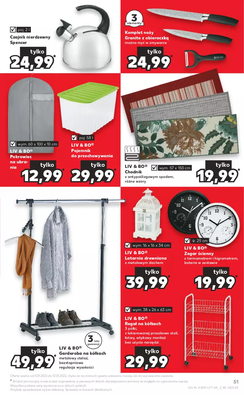 Gazetka promocyjna Kaufland - OFERTA TYGODNIA - ważna 05.01 do 12.01.2022 - strona 51 - produkty: Bateria, Chodnik, Czajnik, Gra, Lakier, Latarnia, Noż, Pojemnik, Pojemnik do przechowywania, Pokrowiec, Pokrowiec na ubrania, Regał, Sok, Termometr, Top, Ubrania, Zegar