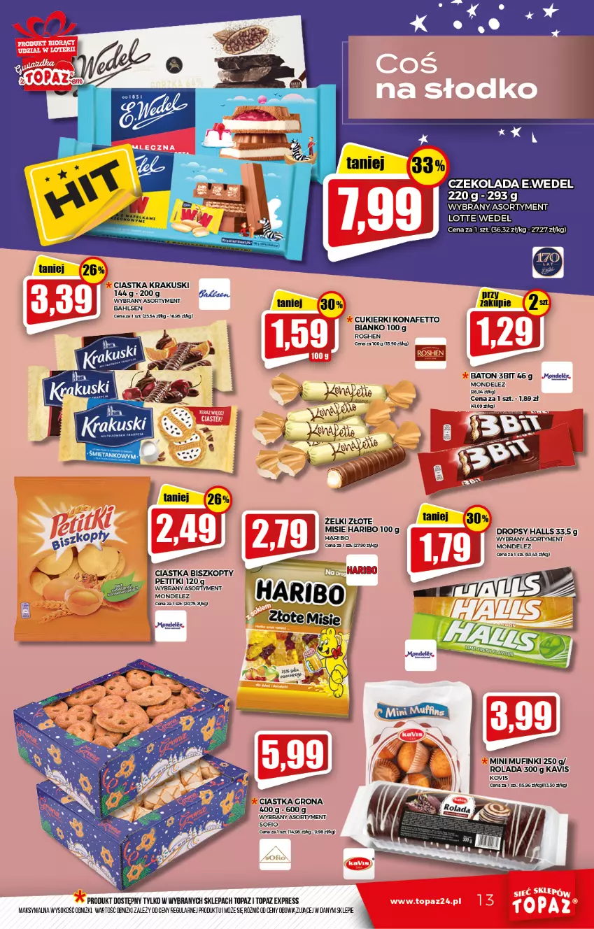 Gazetka promocyjna Topaz - Gazetka - ważna 18.11 do 24.11.2021 - strona 13 - produkty: Baton, Biszkopty, Ciastka, Cukier, Cukierki, Czekolada, E. Wedel, Halls, Haribo, Krakus, Krakuski, Rolada, Sok, Top