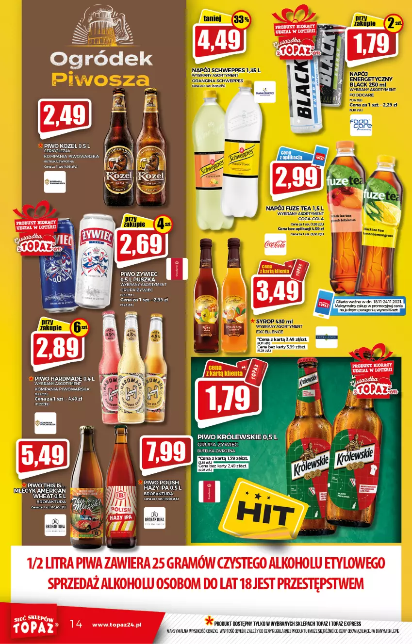 Gazetka promocyjna Topaz - Gazetka - ważna 18.11 do 24.11.2021 - strona 14 - produkty: Fa, Gra, Kozel, Królewski, Lanki, Napój, Piwa, Piwo, Schweppes, Sok, Top