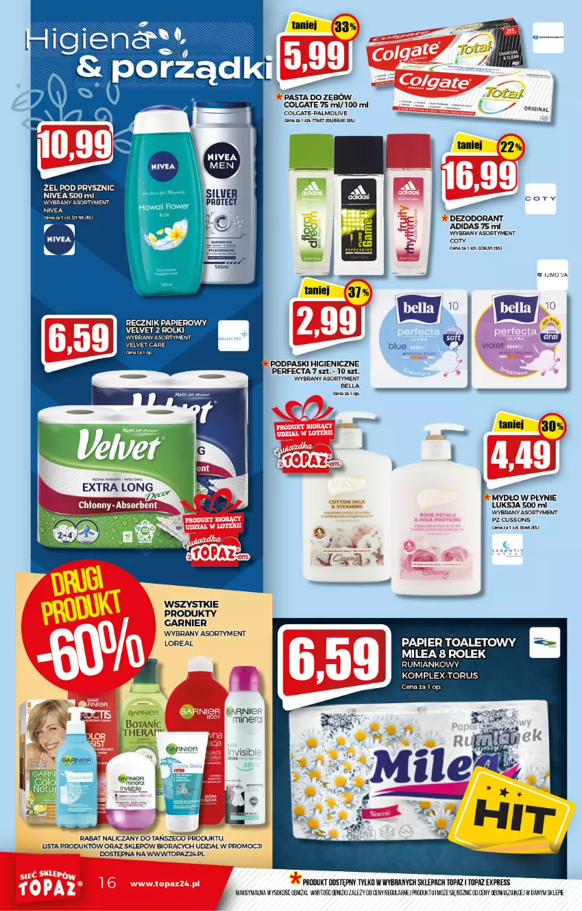 Gazetka promocyjna Topaz - Gazetka - ważna 18.11 do 24.11.2021 - strona 16 - produkty: Adidas, Bell, Bella, Colgate, Dezodorant, Garnier, LG, Luksja, Mydło, Mydło w płynie, Nivea, Palmolive, Papier, Papier toaletowy, Pasta do zębów, Perfecta, Podpaski, Ręcznik, Rolki, Rum, Sok, Top, Velvet