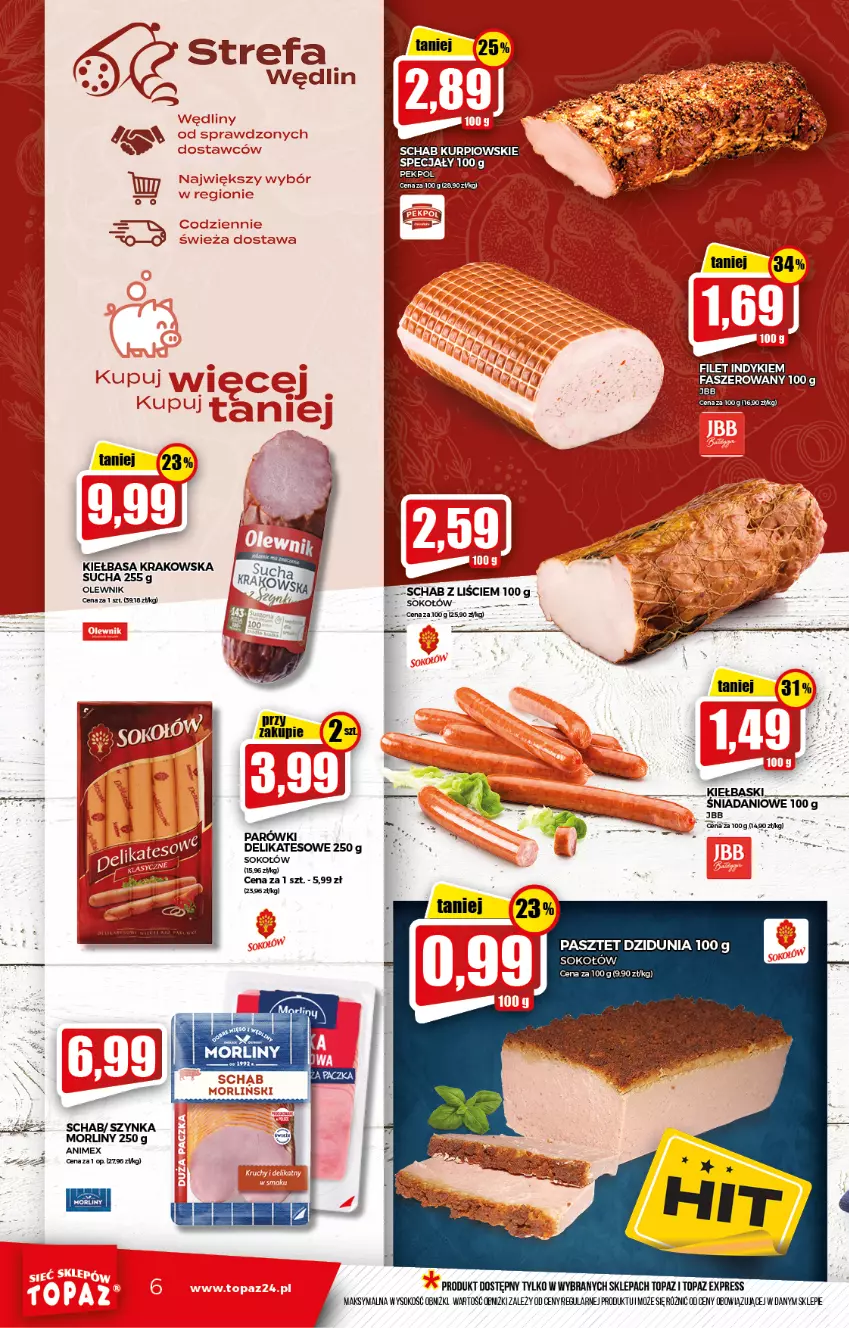 Gazetka promocyjna Topaz - Gazetka - ważna 18.11 do 24.11.2021 - strona 6 - produkty: Danio, Fa, Parówki, Pasztet, Sok, Sokołów, Top