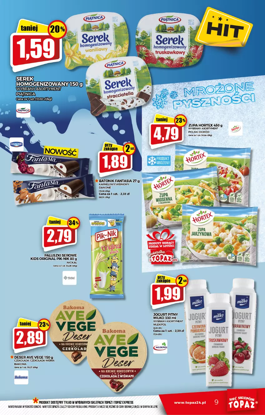 Gazetka promocyjna Topaz - Gazetka - ważna 18.11 do 24.11.2021 - strona 9 - produkty: Bakoma, Czekolada, Danone, Deser, Gin, Hortex, Jogurt, Jogurt pitny, Ogród, Ser, Sok, Top, Zupa