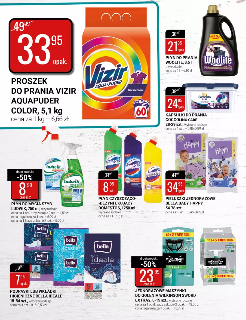 Gazetka promocyjna Bi1 - Uwolnij turbo moc - ważna 16.03 do 22.03.2022 - strona 13 - produkty: Bell, Bella, Coccolino, Domestos, Kapsułki do prania, Ludwik, Płyn do mycia, Płyn do prania, Podpaski, Proszek do prania, Puder, Vizir, Wilkinson Sword, Wkładki, Woolite