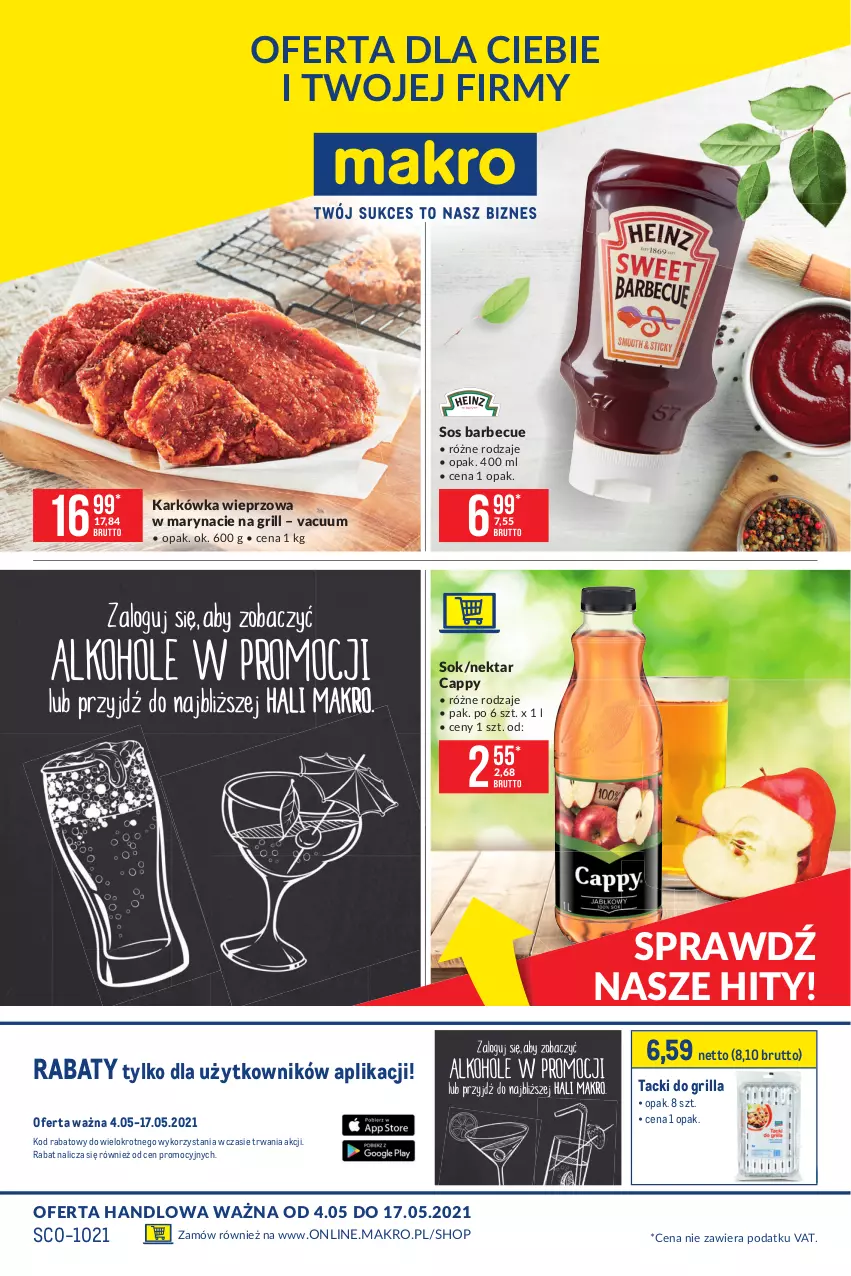 Gazetka promocyjna Makro - [Oferta promocyjna] Artykuły spożywcze - ważna 04.05 do 17.05.2021 - strona 1 - produkty: Cappy, Grill, Karkówka wieprzowa, Nektar, Sok, Sos