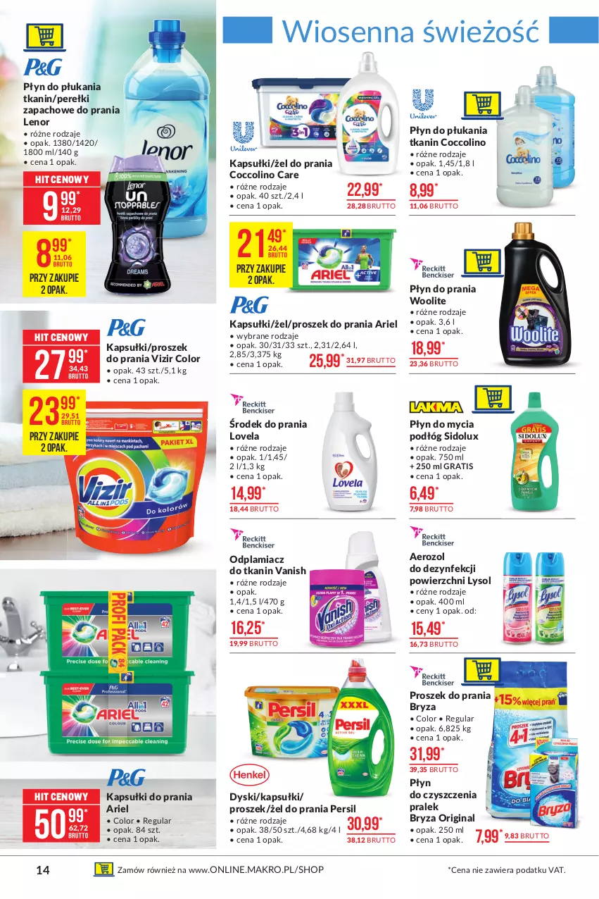 Gazetka promocyjna Makro - [Oferta promocyjna] Artykuły spożywcze - ważna 04.05 do 17.05.2021 - strona 14 - produkty: Ariel, Bryza, Coccolino, Gin, Gra, Kapsułki do prania, Lenor, Lovela, Lysol, Odplamiacz, Perełki zapachowe, Persil, Płyn do mycia, Płyn do mycia podłóg, Płyn do płukania, Płyn do prania, Proszek do prania, Sidolux, Vanish, Vizir, Woolite