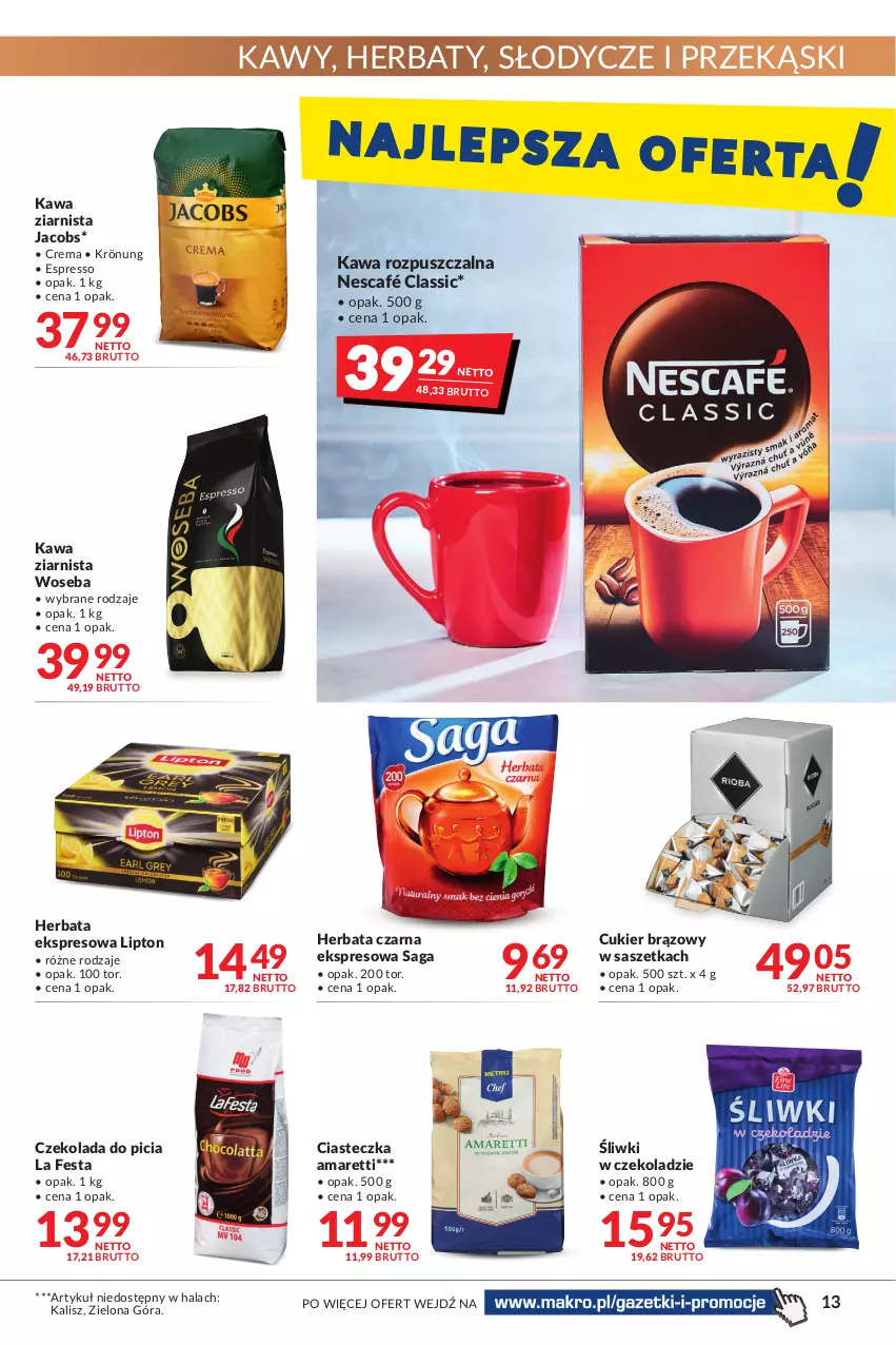 Gazetka promocyjna Makro - [Oferta promocyjna] Artykuły spożywcze i przemysłowe - ważna 28.06 do 11.07.2022 - strona 13 - produkty: Cukier, Czekolada, Herbata, Herbata czarna, Jacobs, Kawa, Kawa rozpuszczalna, Kawa ziarnista, Lipton, Nescafé, Saga, Woseba