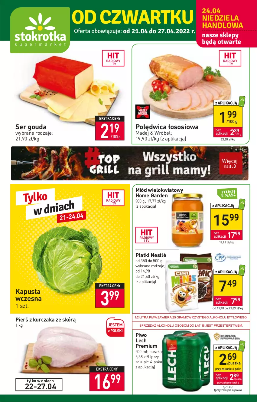 Gazetka promocyjna Stokrotka - Supermarket - ważna 21.04 do 27.04.2022 - strona 1 - produkty: Gouda, Gra, Kurczak, Lech Premium, Miód, Nestlé, Piwa, Piwo, Polędwica, Ser, Sos