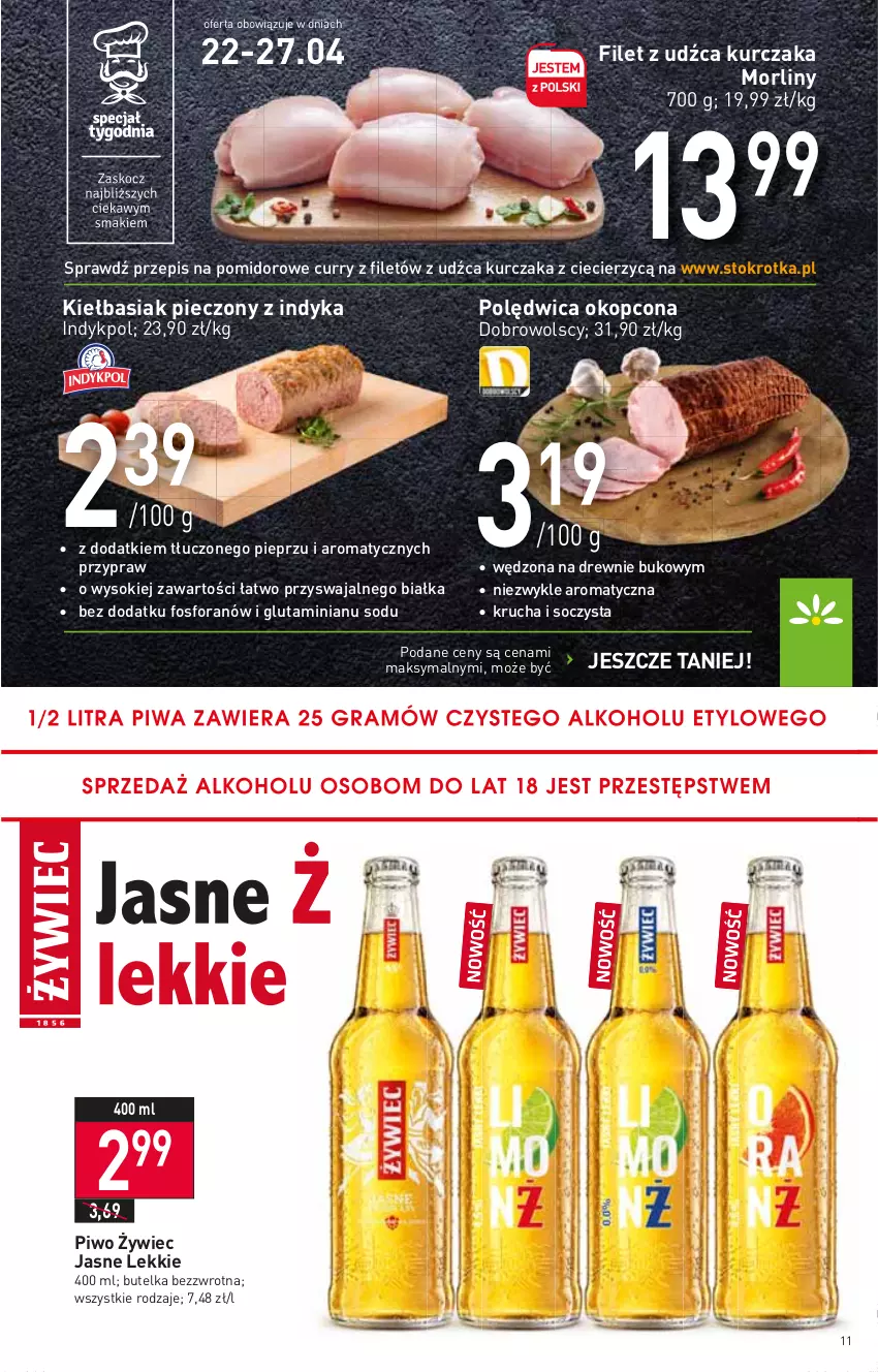 Gazetka promocyjna Stokrotka - Supermarket - ważna 21.04 do 27.04.2022 - strona 11 - produkty: Basia, Kurczak, Morliny, Piec, Pieprz, Piwo, Polędwica, Sok