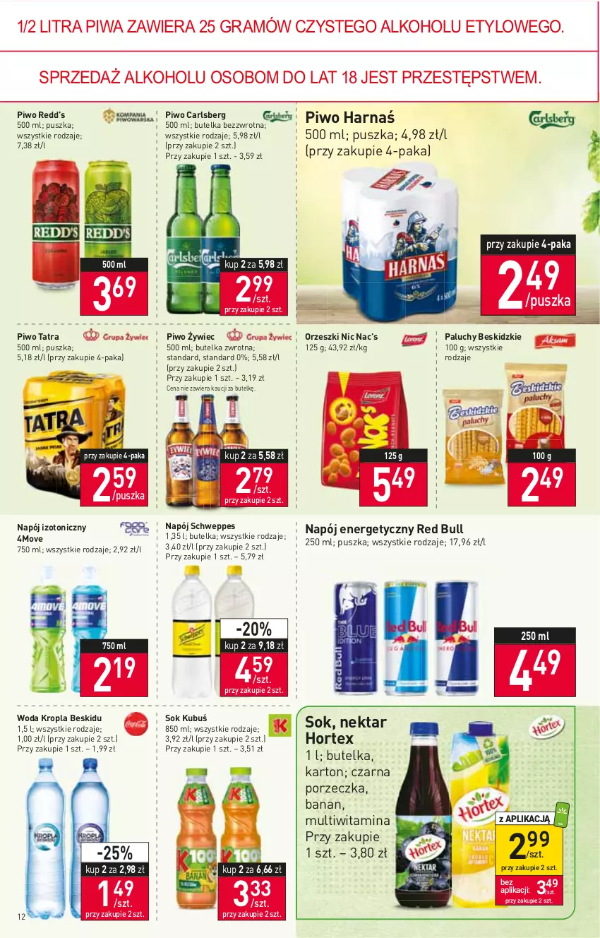 Gazetka promocyjna Stokrotka - Supermarket - ważna 21.04 do 27.04.2022 - strona 12 - produkty: Beskidzki, Carlsberg, Gra, Harnaś, Hortex, Kubuś, Napój, Napój energetyczny, Napój izotoniczny, Nektar, Orzeszki, Piwa, Piwo, Por, Red Bull, Schweppes, Sok, Tatra, Woda