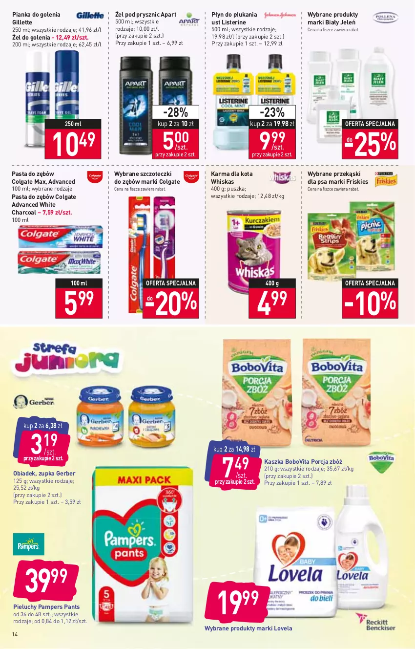 Gazetka promocyjna Stokrotka - Supermarket - ważna 21.04 do 27.04.2022 - strona 14 - produkty: Biały Jeleń, BoboVita, Colgate, Friskies, Gerber, Gillette, LG, Listerine, Lovela, Pampers, Pasta do zębów, Pianka do golenia, Pieluchy, Płyn do płukania, Por, Przekąski dla psa, Whiskas