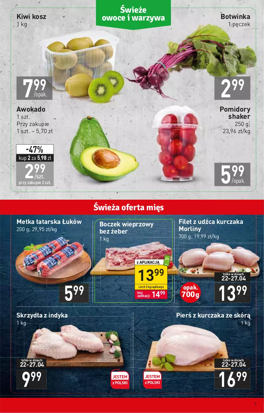 Gazetka promocyjna Stokrotka - Supermarket - ważna 21.04 do 27.04.2022 - strona 5 - produkty: Boczek, Boczek wieprzowy, Inka, Kiwi, Kosz, Kurczak, Metka tatarska, Morliny, Pomidory