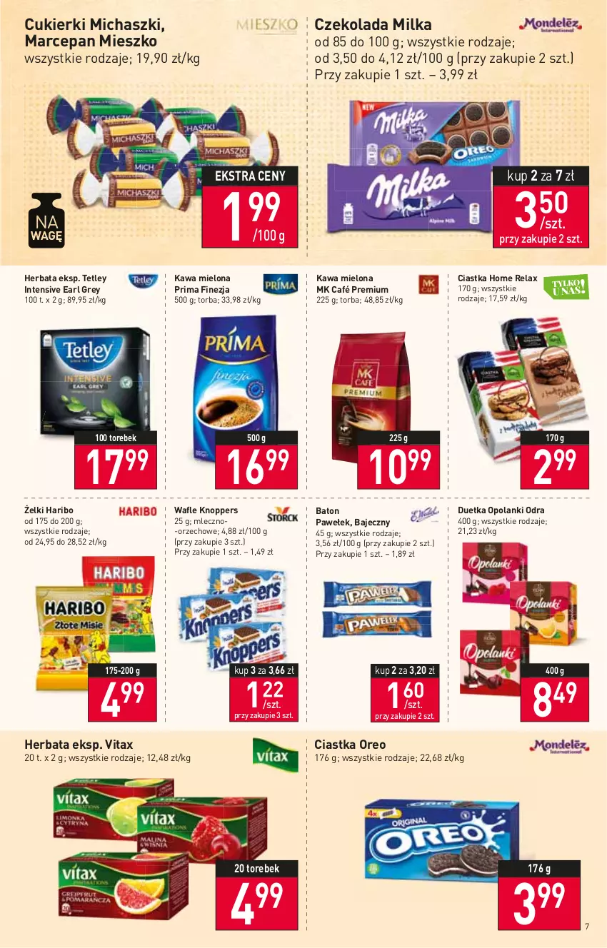 Gazetka promocyjna Stokrotka - Supermarket - ważna 21.04 do 27.04.2022 - strona 7 - produkty: Baton, Ciastka, Cukier, Cukierki, Czekolada, Earl Grey, Haribo, Herbata, Kawa, Kawa mielona, Knoppers, Lanki, Milka, Oreo, Prima, Tetley, Torba, Vitax, Wafle