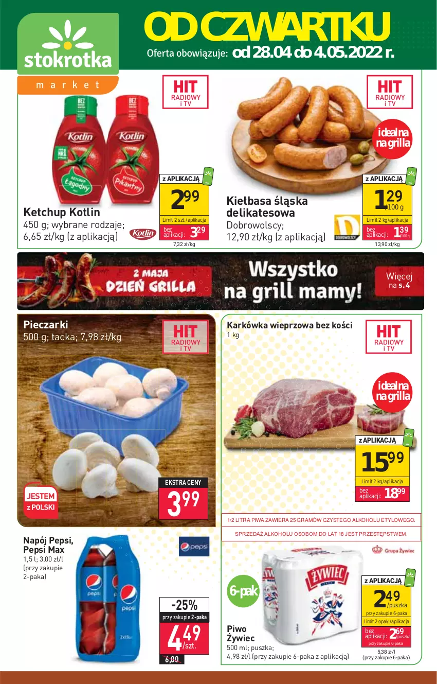 Gazetka promocyjna Stokrotka - Market - ważna 28.04 do 04.05.2022 - strona 1 - produkty: Gra, Grill, Karkówka wieprzowa, Ketchup, Kiełbasa, Kiełbasa śląska, Kotlin, Napój, Pepsi, Pepsi max, Piec, Piwa, Piwo