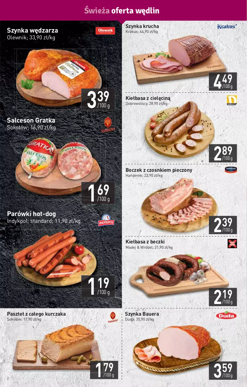 Gazetka promocyjna Stokrotka - Market - ważna 28.04 do 04.05.2022 - strona 2 - produkty: Boczek, Duda, Gra, HP, Kiełbasa, Krakus, Kurczak, Olewnik, Parówki, Pasztet, Piec, Salceson, Sok, Sokołów, Szynka