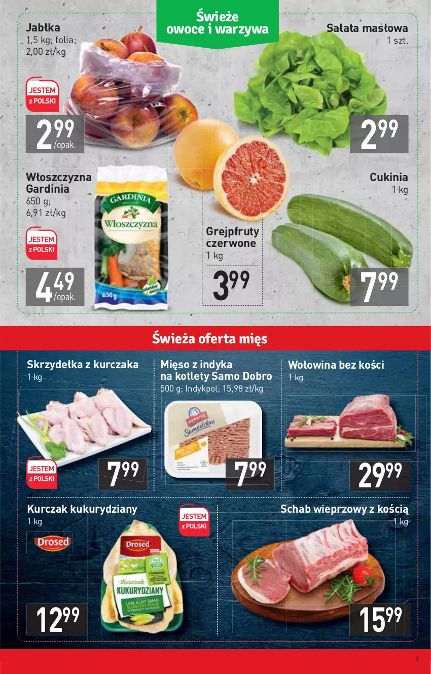 Gazetka promocyjna Stokrotka - Market - ważna 28.04 do 04.05.2022 - strona 3 - produkty: Grejpfrut, Jabłka, Kotlet, Kurczak, Masło, Mięso, Mięso z indyka, Sałat, Sałata masłowa, Schab wieprzowy, Skrzydełka z kurczaka, Wołowina, Wołowina bez kości