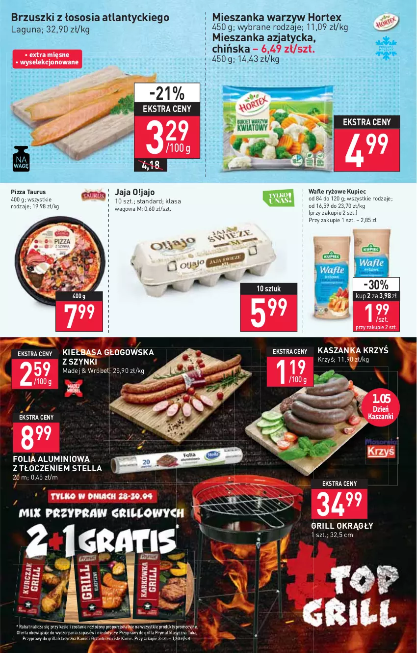 Gazetka promocyjna Stokrotka - Market - ważna 28.04 do 04.05.2022 - strona 4 - produkty: Brzuszki z łososia, Folia aluminiowa, Grill, Hortex, Jaja, Kamis, Kasza, Kaszanka, Kiełbasa, Kiełbasa głogowska, Kupiec, Mieszanka warzyw, Piec, Pizza, Por, Prymat, Przyprawy, Ryż, Sos, Wafle