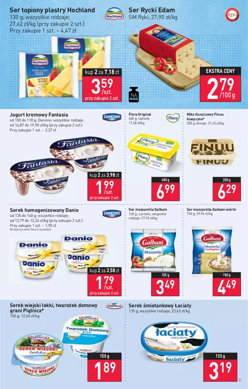 Gazetka promocyjna Stokrotka - Market - ważna 28.04 do 04.05.2022 - strona 5 - produkty: Danio, Danone, Edam, Fa, Fanta, Finuu, Flora, Galbani, Gin, Gra, Hochland, Jogurt, Miks tłuszczowy, Mozzarella, Piątnica, Rycki Edam, Ser, Ser topiony, Serek, Serek homogenizowany, Serek wiejski, Top