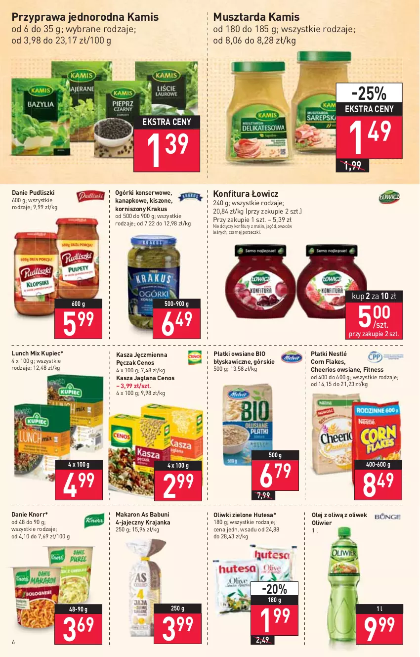 Gazetka promocyjna Stokrotka - Market - ważna 28.04 do 04.05.2022 - strona 6 - produkty: Babuni, Cenos, Cheerios, Corn flakes, Kamis, Kasza, Kasza jaglana, Kasza jęczmienna, Knorr, Konfitura, Korniszony, Krakus, Kupiec, LANA, Makaron, Mus, Musztarda, Nestlé, Ogórki konserwowe, Olej, Oliwki, Oliwki zielone, Piec, Płatki owsiane, Por, Pudliszki, Ser