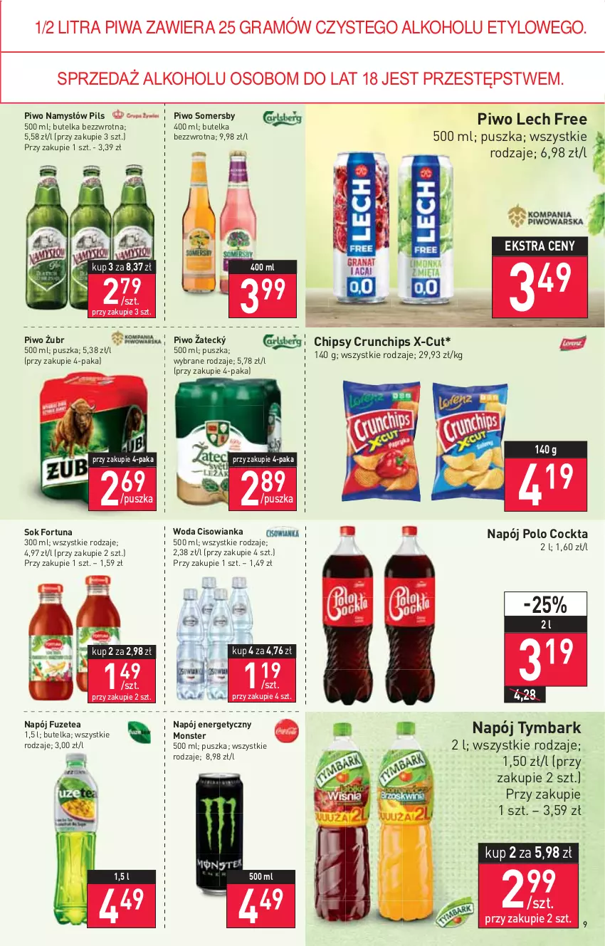 Gazetka promocyjna Stokrotka - Market - ważna 28.04 do 04.05.2022 - strona 9 - produkty: Chipsy, Cisowianka, Crunchips, Fortuna, Gra, Namysłów, Napój, Napój energetyczny, Piwa, Piwo, Sok, Somersby, Tymbark, Woda