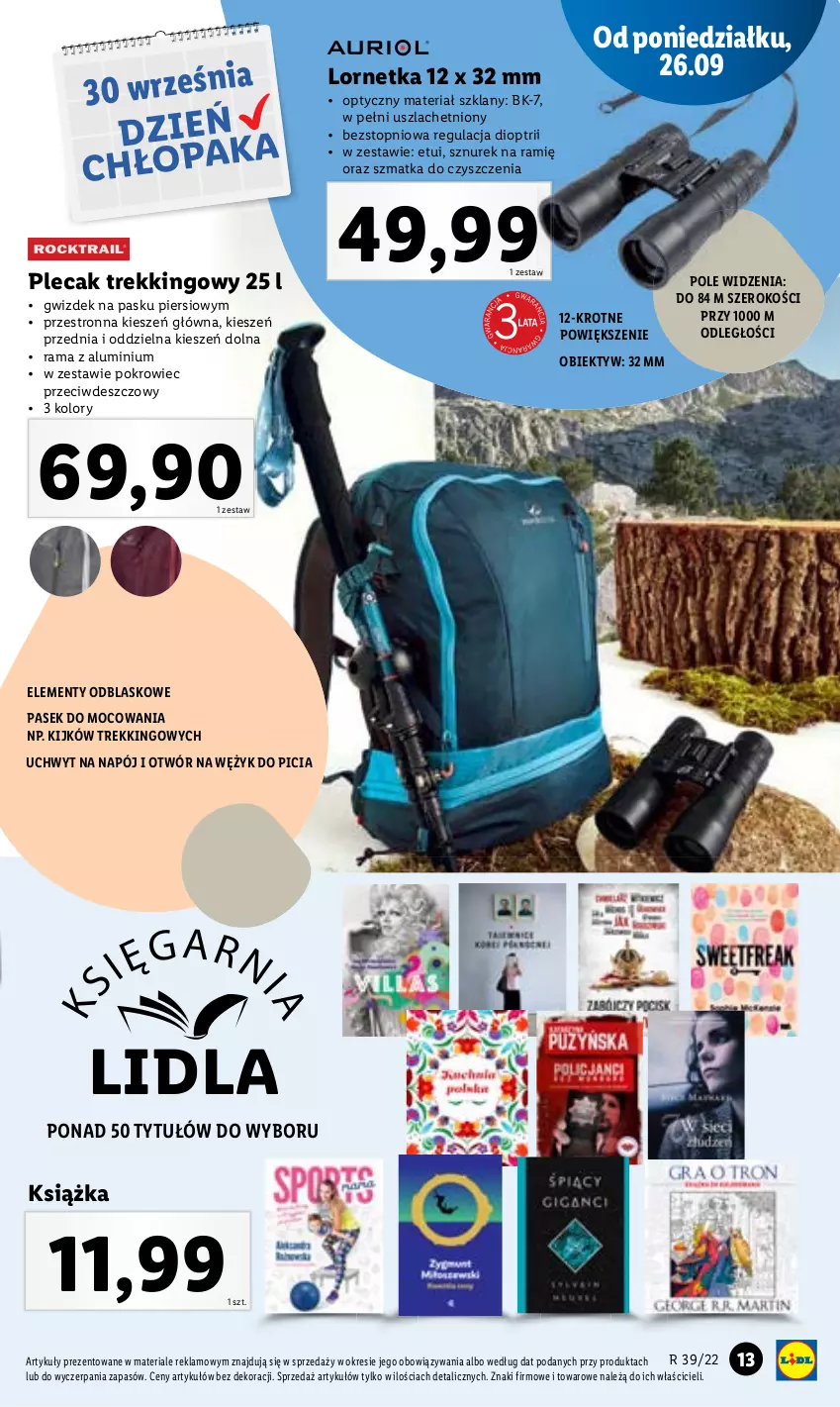 Gazetka promocyjna Lidl - GAZETKA - ważna 26.09 do 01.10.2022 - strona 13 - produkty: Książka, Lornetka, Napój, Obiektyw, Pasek, Plecak, Pokrowiec, Rama, Sznurek, Top