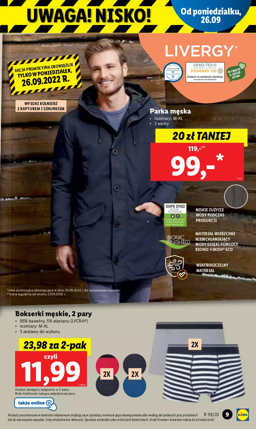 Gazetka promocyjna Lidl - GAZETKA - ważna 26.09 do 01.10.2022 - strona 9 - produkty: Bokserki, Finish, Parka, Ser, Sok, Waga