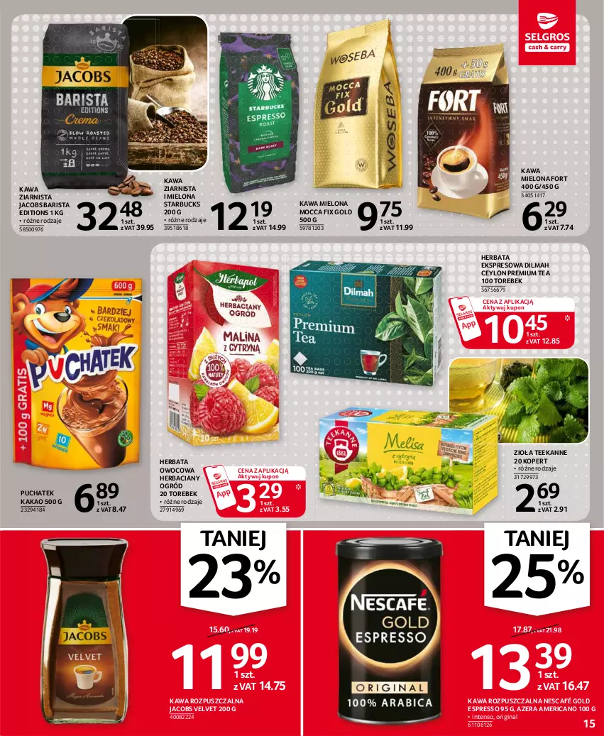 Gazetka promocyjna Selgros - Oferta spożywcza - ważna 24.06 do 07.07.2021 - strona 15 - produkty: Dilmah, Gin, Herbata, Herbata owocowa, Jacobs, Jacobs Velvet, Kakao, Kawa, Kawa mielona, Kawa rozpuszczalna, Kawa ziarnista, Mocca Fix Gold, Nescafé, Ogród, Teekanne, Velvet