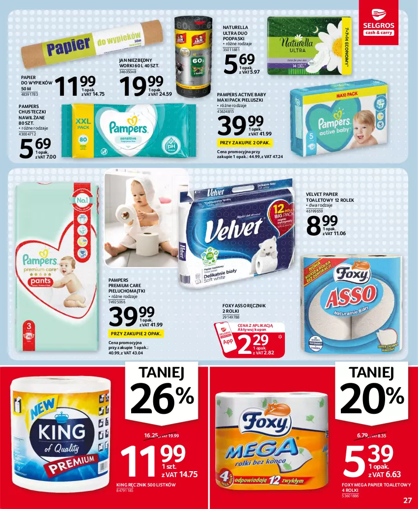 Gazetka promocyjna Selgros - Oferta spożywcza - ważna 24.06 do 07.07.2021 - strona 27 - produkty: Chusteczki, Foxy, Jan Niezbędny, Majtki, Naturell, Naturella, Pampers, Papier, Papier toaletowy, Pieluchomajtki, Podpaski, Ręcznik, Rolki, Velvet