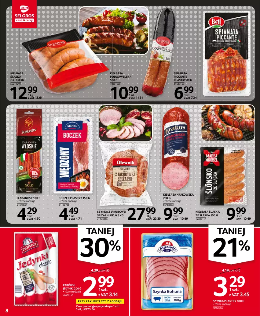 Gazetka promocyjna Selgros - Oferta spożywcza - ważna 24.06 do 07.07.2021 - strona 8 - produkty: Boczek, Kabanos, Kiełbasa, Kiełbasa krakowska, Kiełbasa podwawelska, Kiełbasa śląska, Parówki, Szynka, Wawel