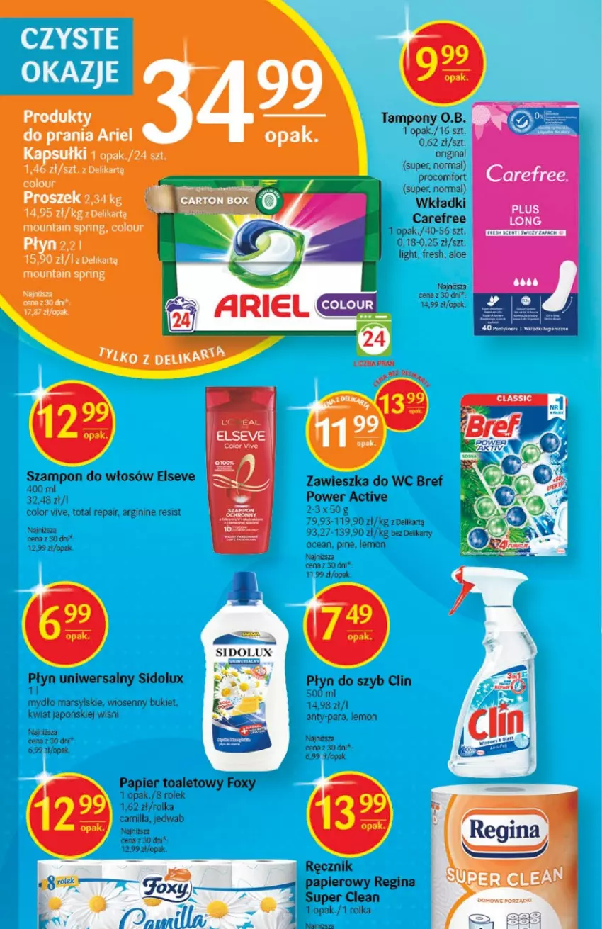 Gazetka promocyjna Delikatesy Centrum - Gazetka DC02 - ważna 12.01 do 18.01.2023 - strona 30 - produkty: Ariel, Bref, Bukiet, Carefree, Clin, Dzieci, Elseve, Foxy, Gin, Mars, Mydło, O.B., Papier, Papier toaletowy, Płyn do szyb, Ręcznik, Sidolux, Szampon, Tampony, Wkładki, Zawieszka do wc