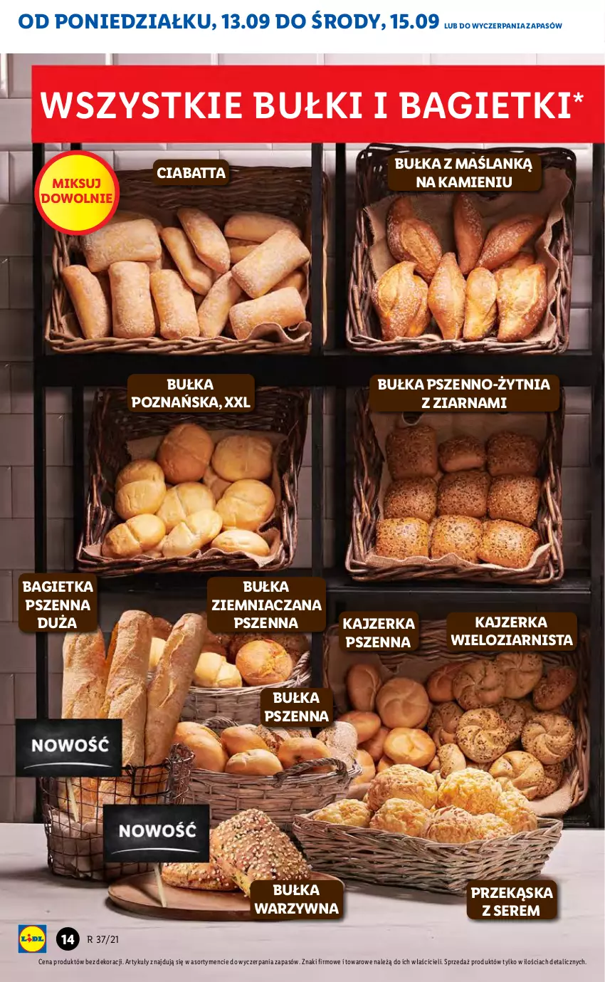 Gazetka promocyjna Lidl - GAZETKA - ważna 13.09 do 15.09.2021 - strona 14 - produkty: Bagietka, Bagietka pszenna, Bułka, Ciabatta, Kajzerka, Kajzerka pszenna, Ser