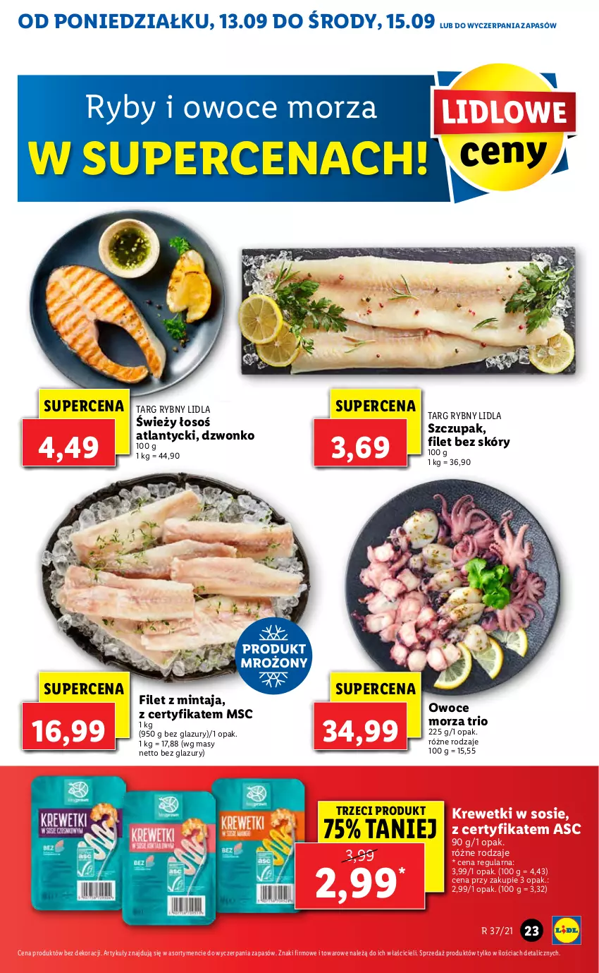 Gazetka promocyjna Lidl - GAZETKA - ważna 13.09 do 15.09.2021 - strona 23 - produkty: Filet z mintaja, Krewetki, Lazur, Mintaj, Owoce, Owoce morza, Ryby i owoce morza, Sos, Zupa