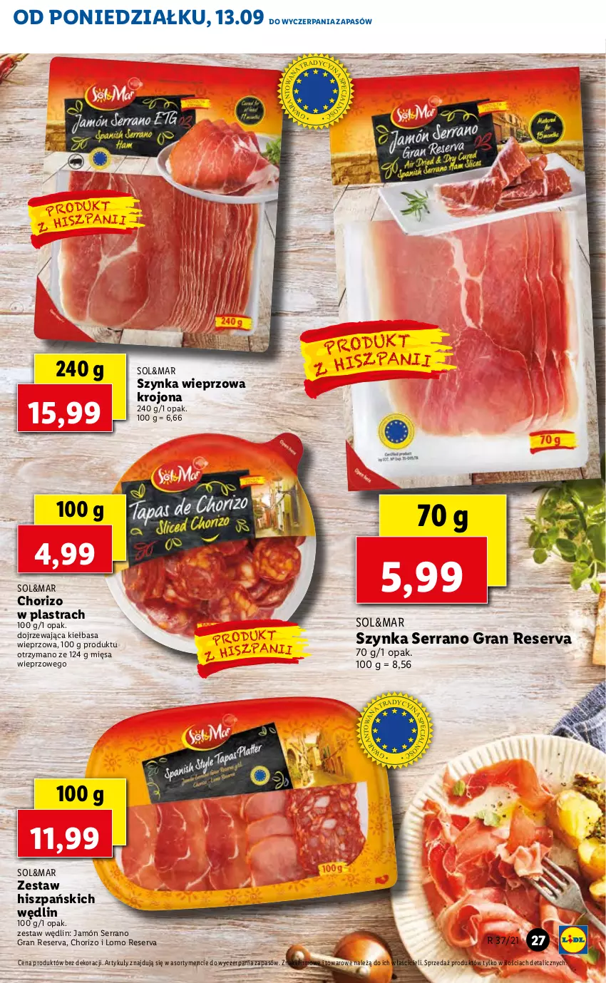 Gazetka promocyjna Lidl - GAZETKA - ważna 13.09 do 15.09.2021 - strona 27 - produkty: Gra, Jamón serrano, Kiełbasa, Ser, Szynka, Szynka wieprzowa