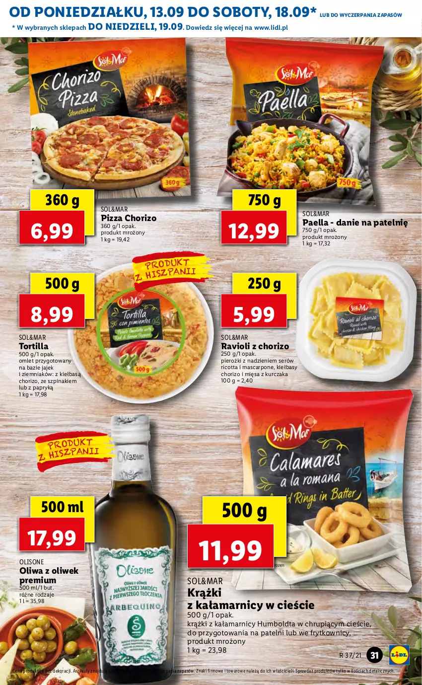 Gazetka promocyjna Lidl - GAZETKA - ważna 13.09 do 15.09.2021 - strona 31 - produkty: Kurczak, Mascarpone, Oliwa z oliwek, Pizza, Ricotta, Ser, Szpinak, Tortilla