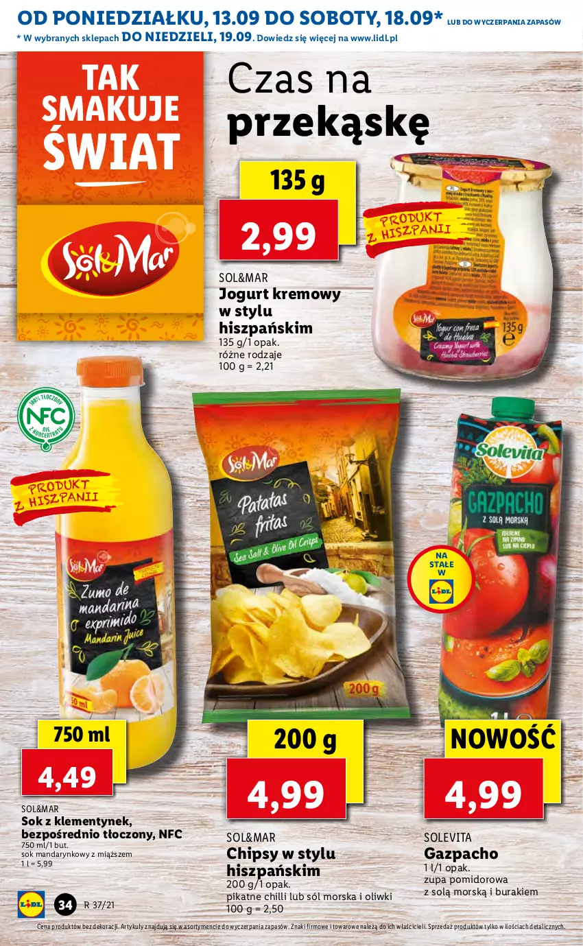 Gazetka promocyjna Lidl - GAZETKA - ważna 13.09 do 15.09.2021 - strona 34 - produkty: Buraki, Chipsy, Jogurt, Oliwki, Sok, Sól, Zupa, Zupa pomidorowa