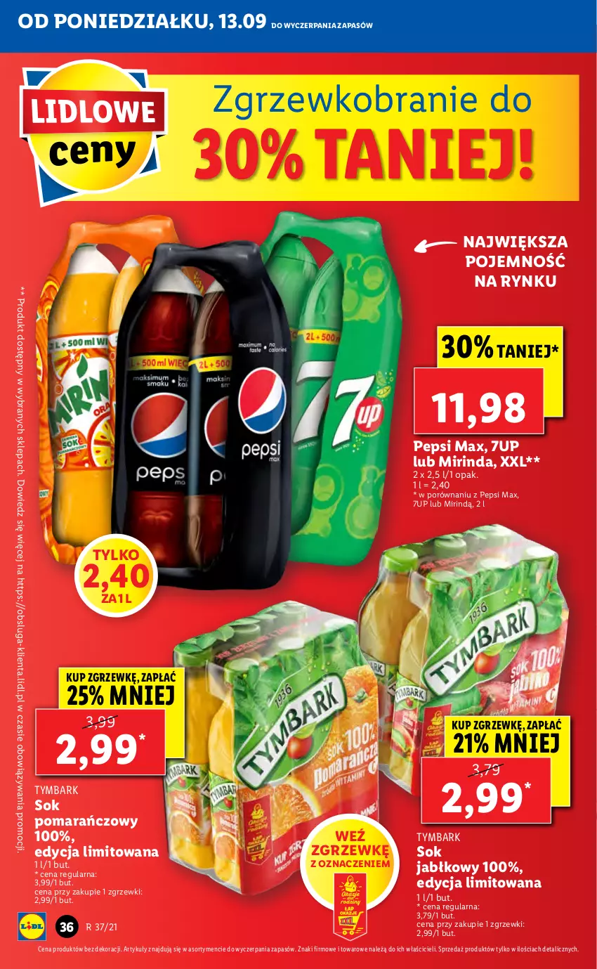 Gazetka promocyjna Lidl - GAZETKA - ważna 13.09 do 15.09.2021 - strona 36 - produkty: 7up, Mirinda, Pepsi, Pepsi max, Por, Sok, Sok jabłkowy, Sok pomarańczowy, Tymbark