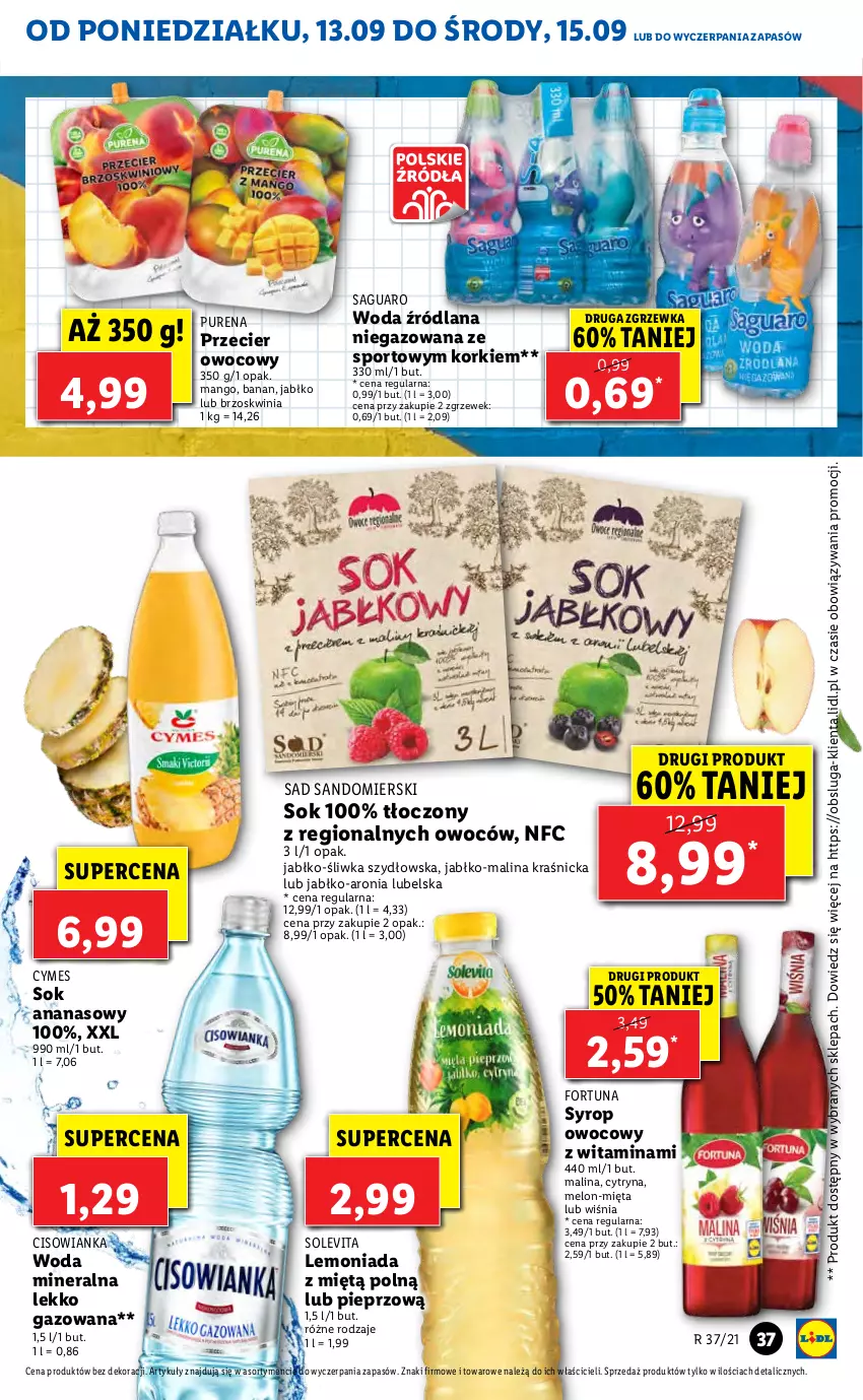 Gazetka promocyjna Lidl - GAZETKA - ważna 13.09 do 15.09.2021 - strona 37 - produkty: Ananas, Aronia, Cisowianka, Fortuna, LANA, Lemoniada, Mango, Melon, Mięta, Pieprz, Por, Pur, Sok, Sport, Syrop, Woda, Woda mineralna