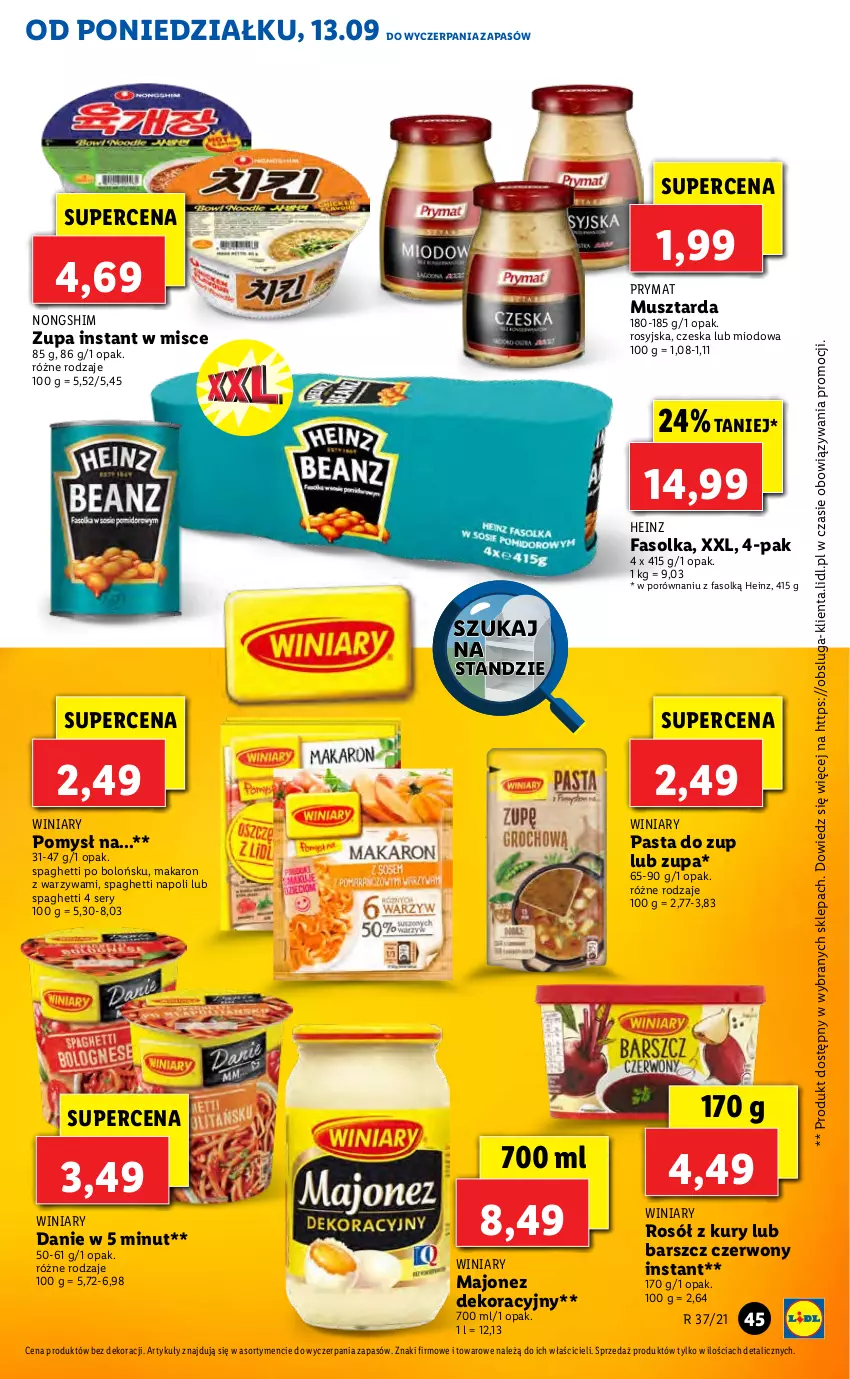 Gazetka promocyjna Lidl - GAZETKA - ważna 13.09 do 15.09.2021 - strona 45 - produkty: Fa, Heinz, Majonez, Makaron, Mus, Musztarda, Por, Prymat, Rosół, Ser, Spaghetti, Warzywa, Winiary, Zupa