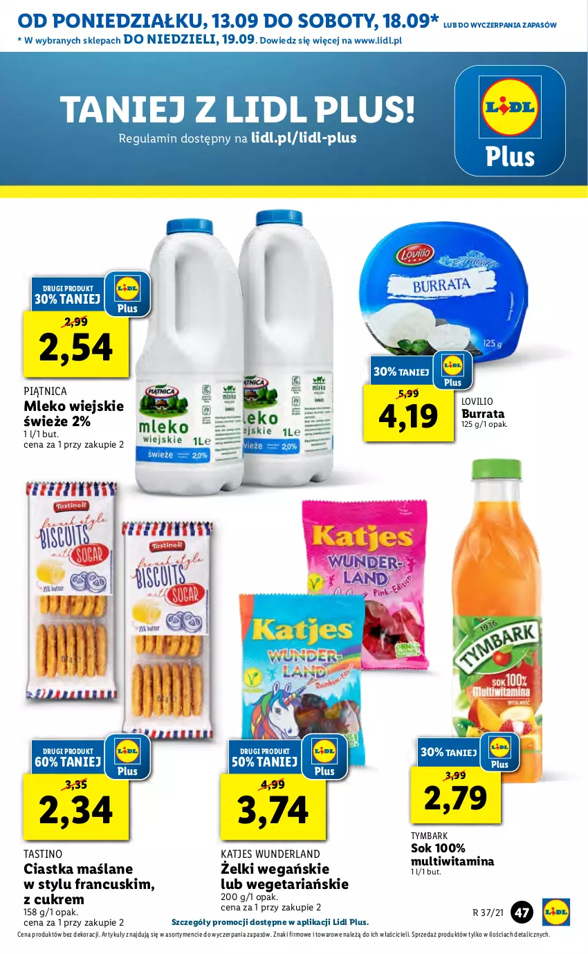 Gazetka promocyjna Lidl - GAZETKA - ważna 13.09 do 15.09.2021 - strona 47 - produkty: Burrata, Ciastka, Lovi, Mleko, Piątnica, Sok, Tymbark